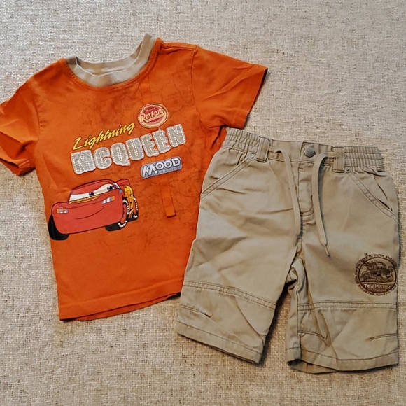 Cars Movie Orange Shirt 3T and tan khaki shorts